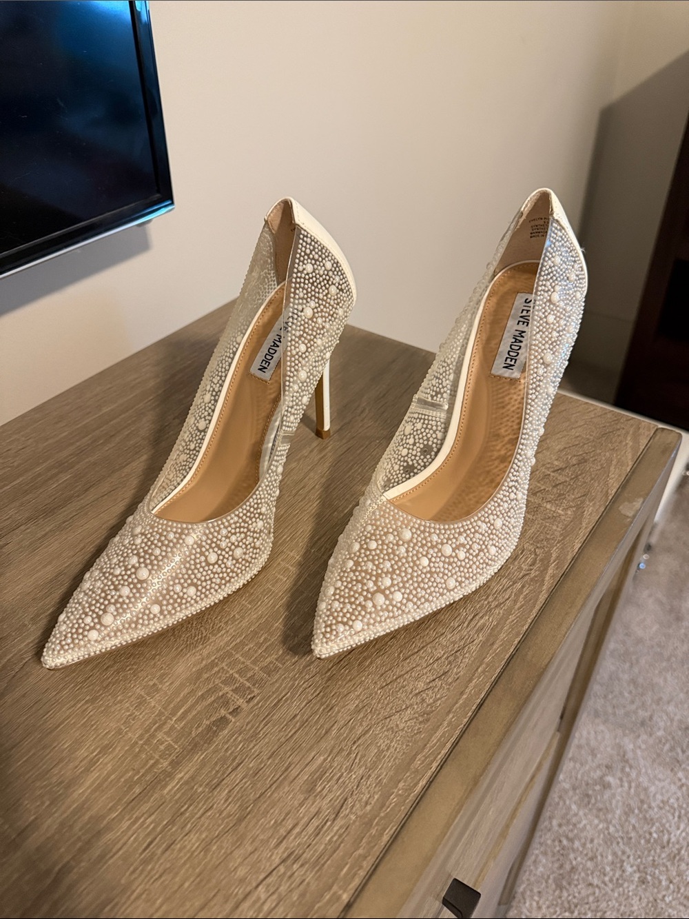 Steve Madden Ivory Pearl & Bead Embellished Pointed Toe Stilettos